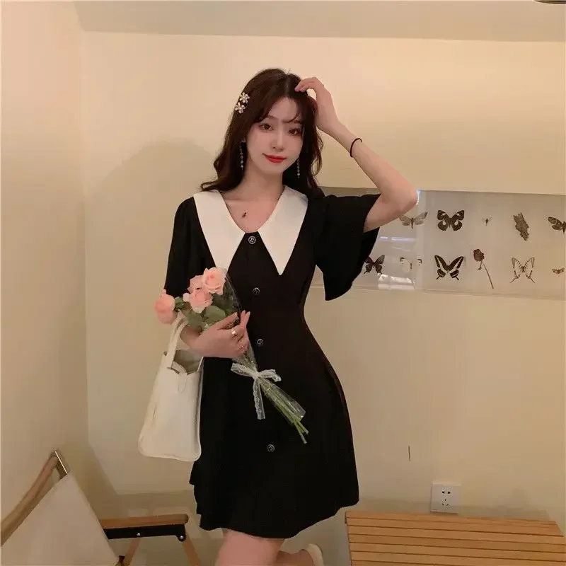 Kawaii Woman Dress Short Satin Fairy Chiffon Cute Silk Dresses for Women 2024 Black Clothes Mini One-piece Y2k Hot Cotton Trendy