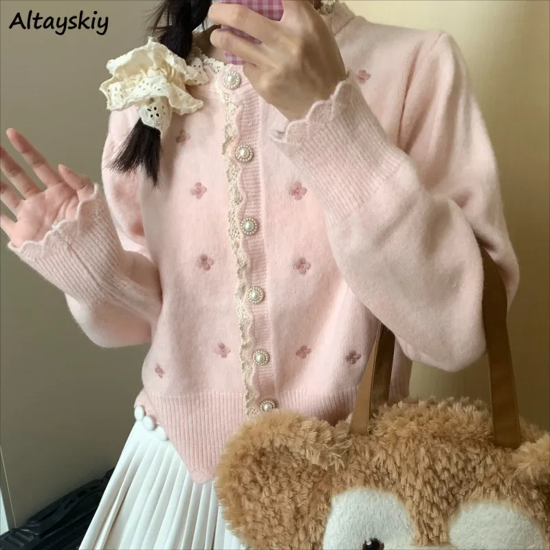 Cardigans Women Korean Fashion Baggy Cropped Tops Long Sleeve Tender Sweater Lace Patchwork Button Design Sweet Lovely Students