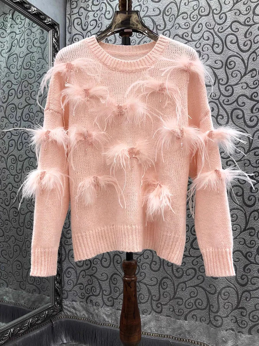 VGH Eleagnt Spliced Feather Warm Knitwear For Women O Neck Long Sleeve Loose Chic Fashionable Sweater Female Clothing Winter New