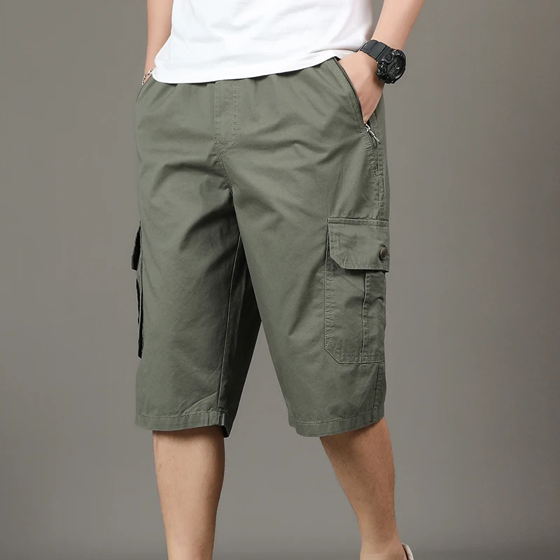 Men\'s Solid Color Pockets Button Elastic High Waisted Summer Casual Straight Vacation Cargo Capri Pants Preppy Style Shorts