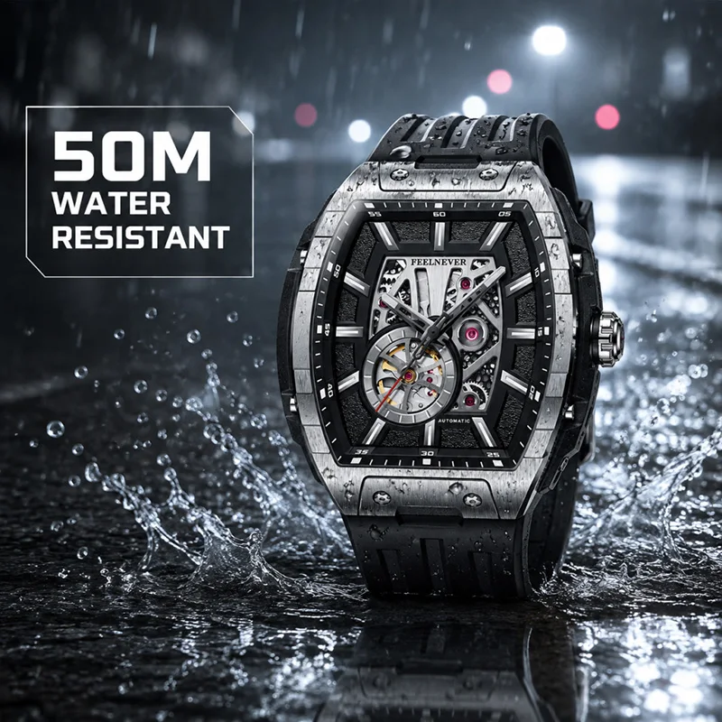 FeelNever Unique Design Mechanical Men Watches Square Casual Sport Fashion Hollow Luminous Automatic Waterproof Chronograph Gift view 5