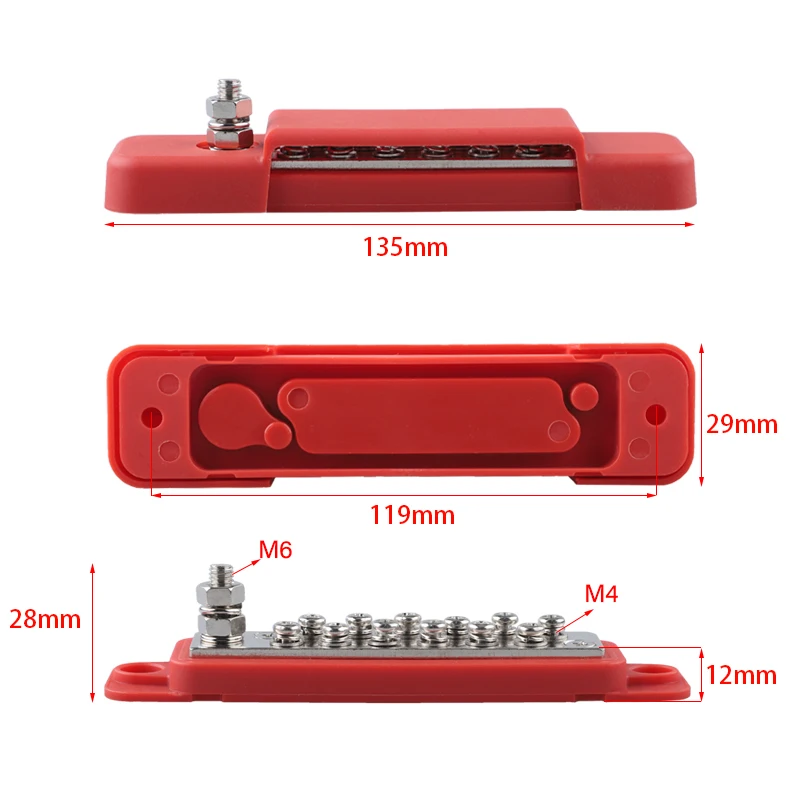 12Pcs Terminal Distribution Block Bus Bar DC 48V 12P Wiring Bars Busbar with Covers + Ring Terminals for Automobiles RV Yacht