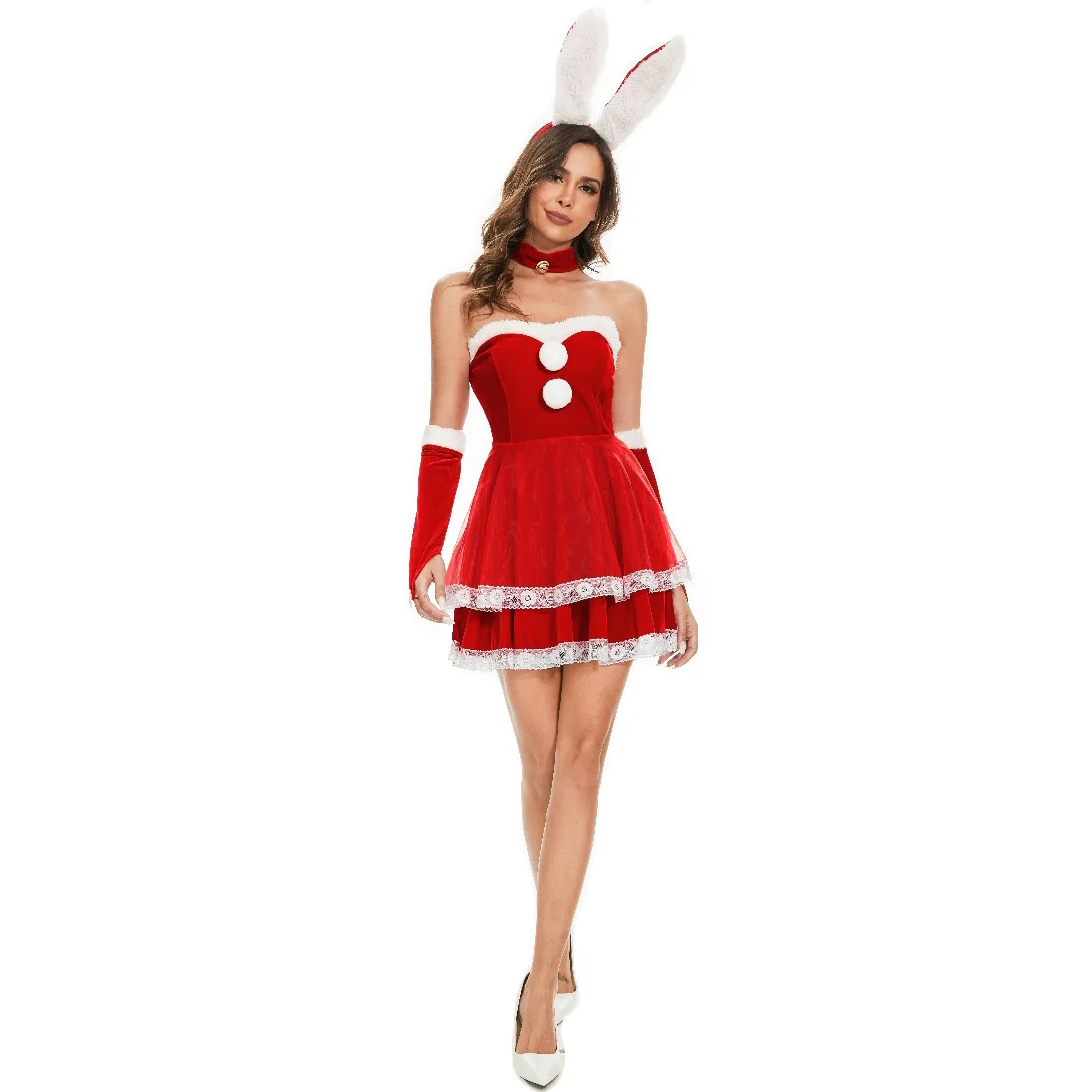 Costume cosplay da elfo di Natale da donna Abito da coniglietto Abito carino senza spalline Cappello da Babbo Natale Set Abiti da festa di Capodanno