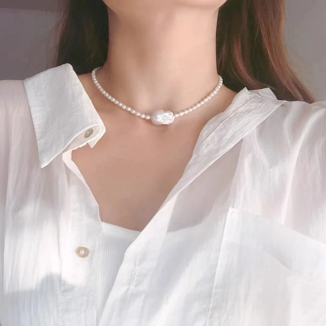 5-6mm Natural Freshwater Rice Pearl Necklace with 13-18mm Baroque Pearl Accent, Daily Versatile Wear