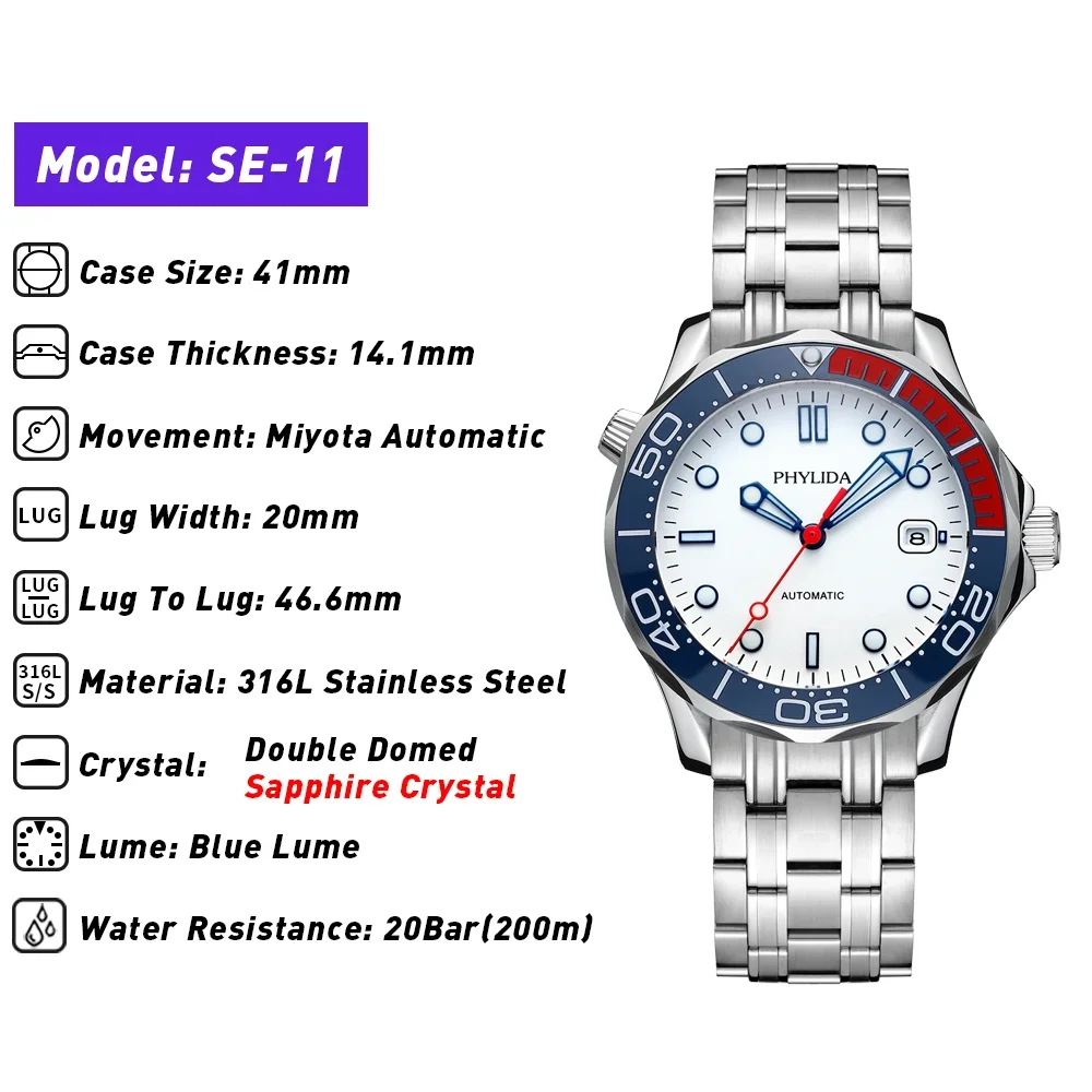 PHYLIDA 20BAR Water Resistant White Matte Dial JAPAN MIYOTA Automatic Watch DIVER300M Style Sapphire Crystal