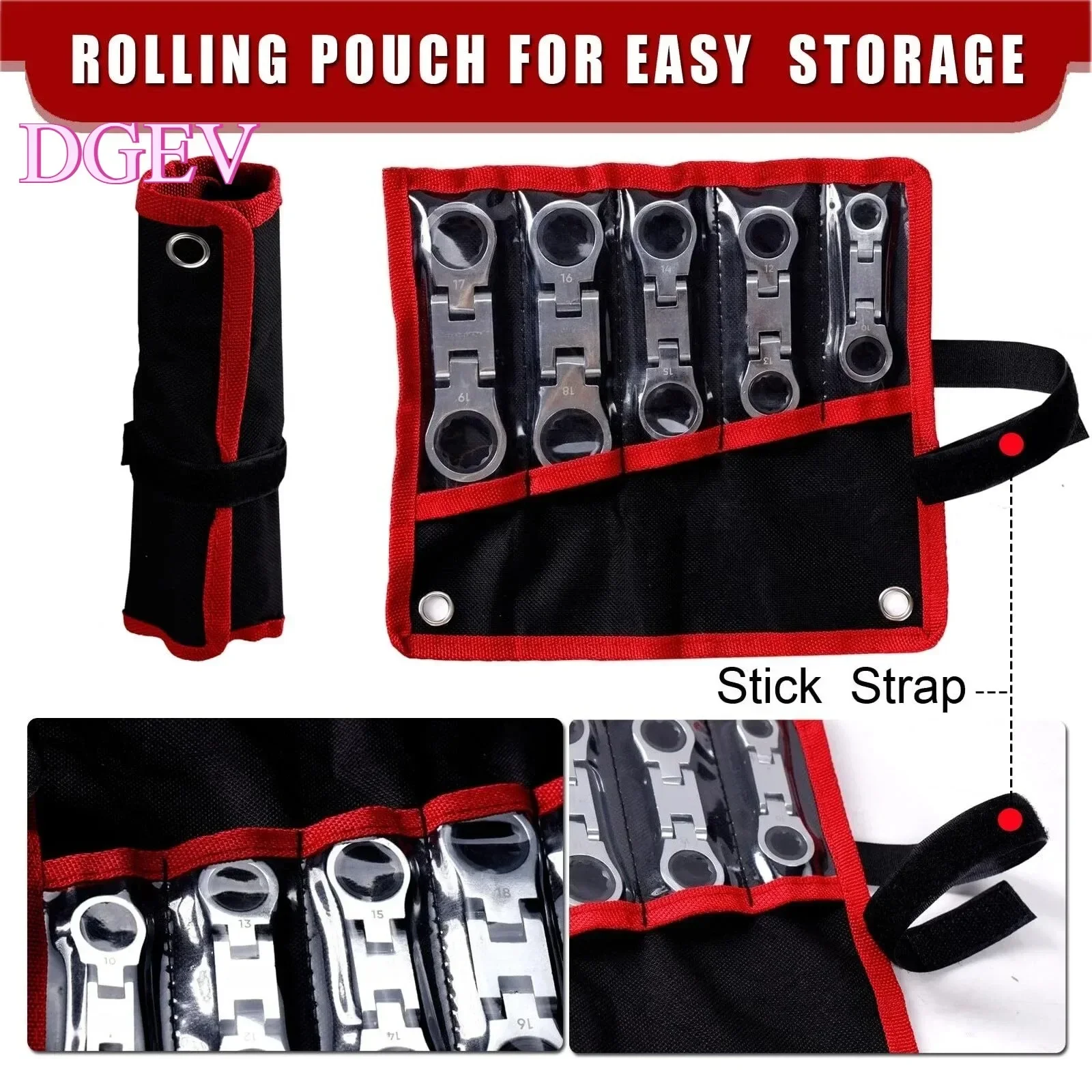 DGEV 5-Piece Stubby Flex-Head Ratcheting Wrench Set Metric Combination 72 Teeth with Rolling Pouch - Various Sizes 8m to 19m