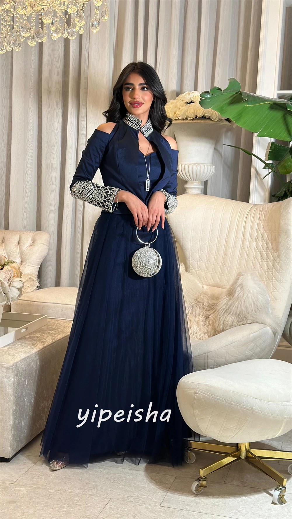 Sparkle Exquisite  Customized Jersey Beading Draped Pleat Formal Evening A-line High Collar Bespoke Occasion Gown Long Dresses