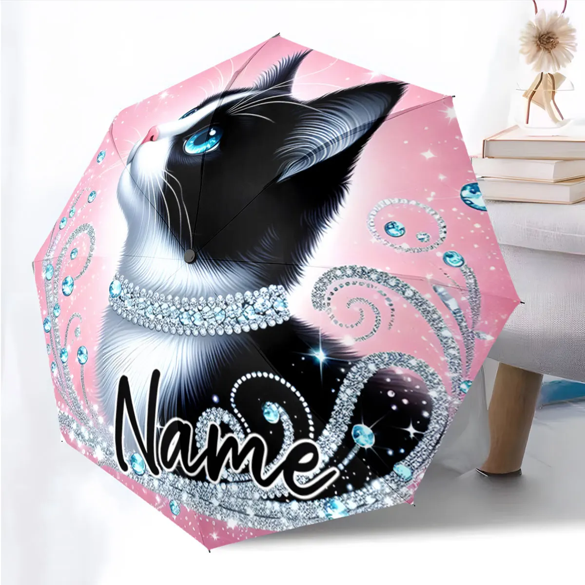 Custom Name Elegant Cat Design Umbrella with Sparkling Details Print 8 Iron Ribs Folding Umbrella Auto-Open Fashion Sunshade