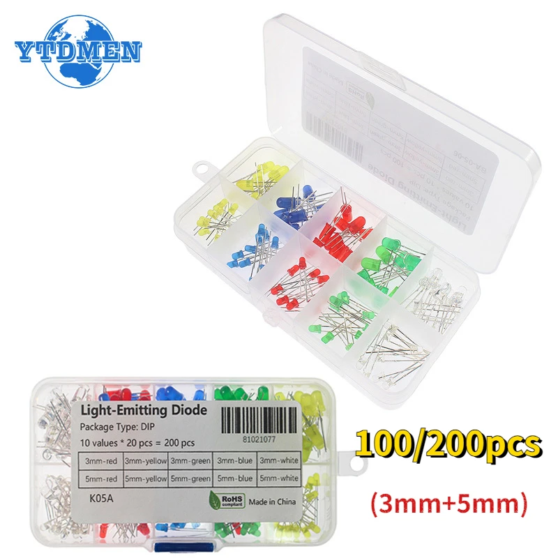 Box LED-Diode 3 mm + 5 mm LED-Leuchtdioden F3 F5 Weiß Rot Blau Grün Gelb Sortiertes Set Elektronisches DIY-Kit