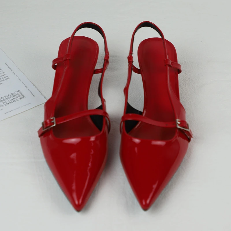 Lakleer Dames Sandalen Sexy Puntige Neus Rug Riem Gesp Zomer Slingback Schoeisel Grote Maat Hoge Hak Rode Trouwschoenen