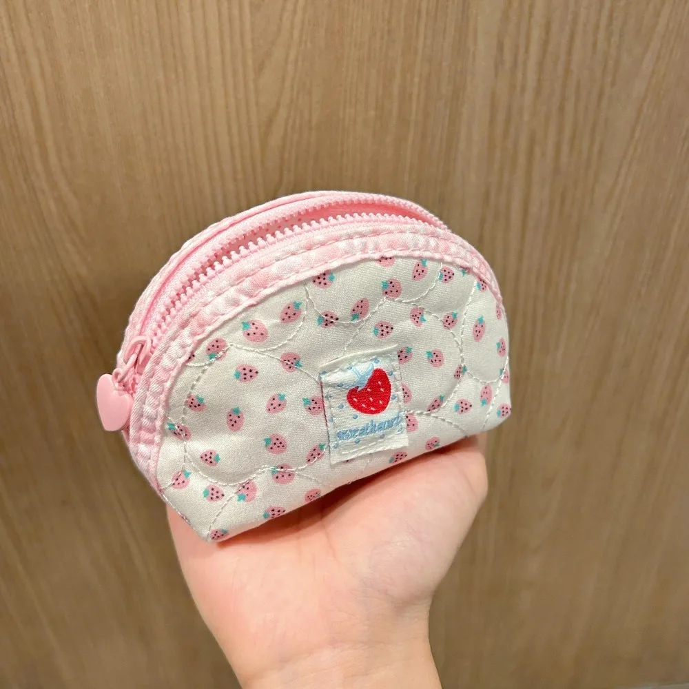 Kawaii Strawberry Print Coin Purse Shell Shaped Portable Mini Storage Bag Zipper Wallet Daily Use