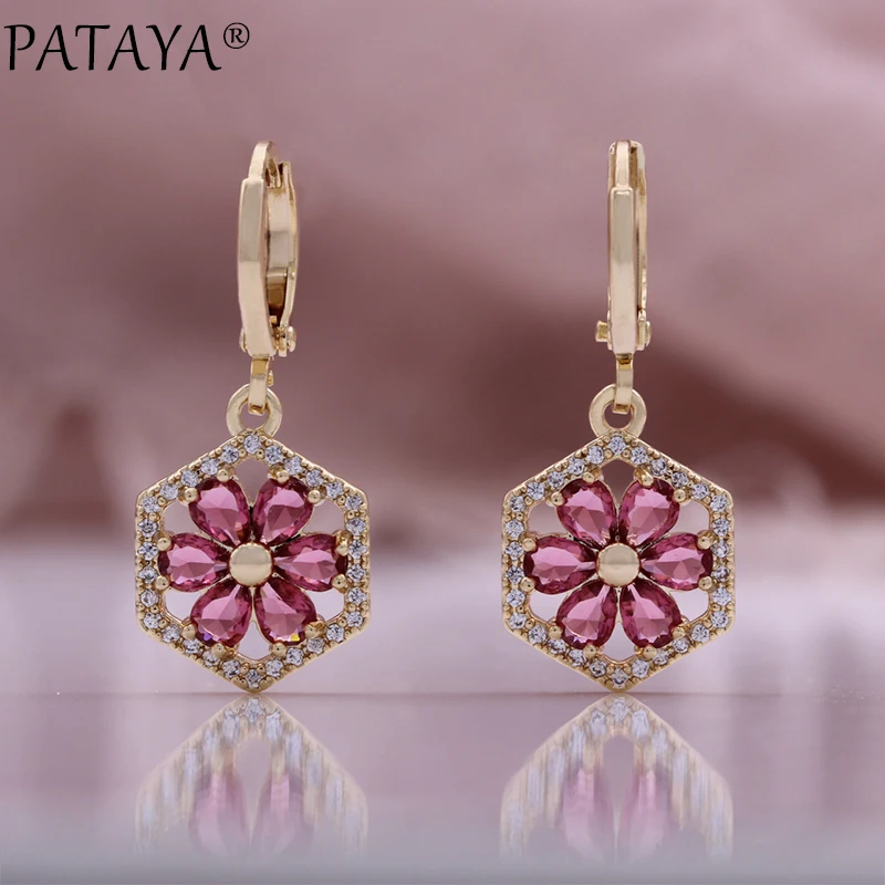 PATAYA Red Natural Zircon Stud Earrings for Women 585 Rose Gold Color Flower Earrings Quality Daily Fine Vintage Jewelry Sets