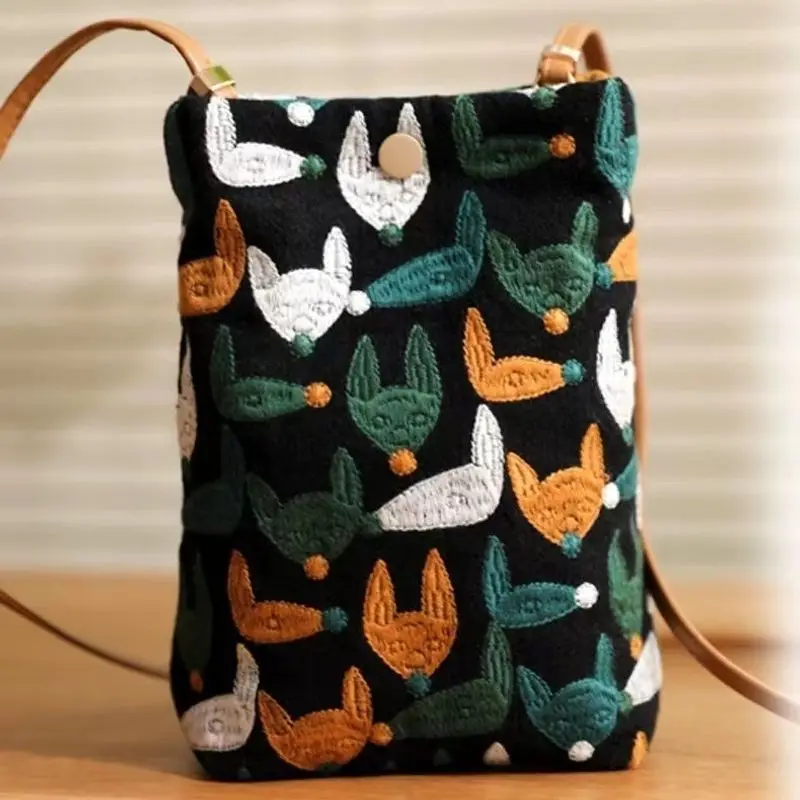 Women Fox Embroidery Pattern Mobile Phone Bag girls Mini Shoulder Bags Premium Sense Compact Lightweight Summer Ladies Purse