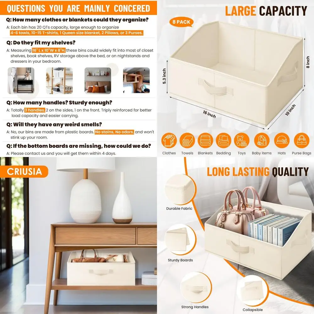 

8-Pack Large Fabric Trapezoid Storage Bins with Handles for Closet Organization and Home Storage