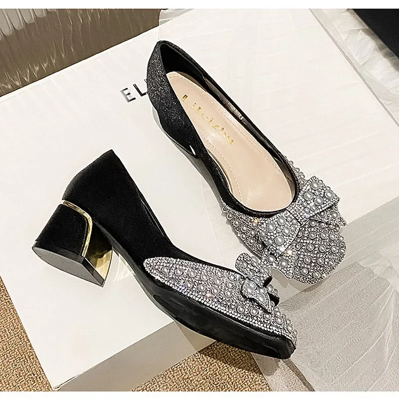 Plus Size Women Shoes Rhinestone Pearl Pumps Girl Spring Summer New Party Bowknot Casual High Heels Shoes Ladies Loafers