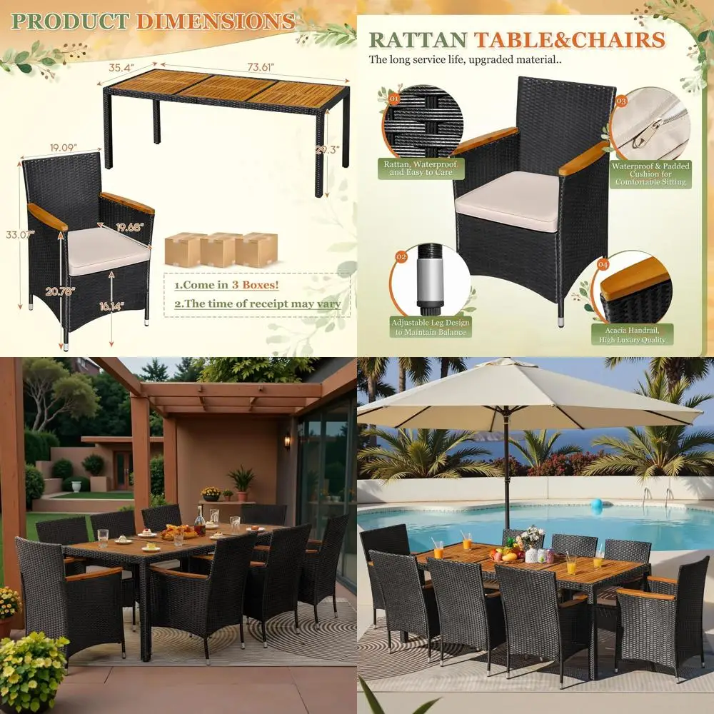 

Комплект садовой мебели из 9 предметов: 1 стол и 8 стульев из ротанга с изогнутыми деревянными подлокотниками и подушками, черный цвет