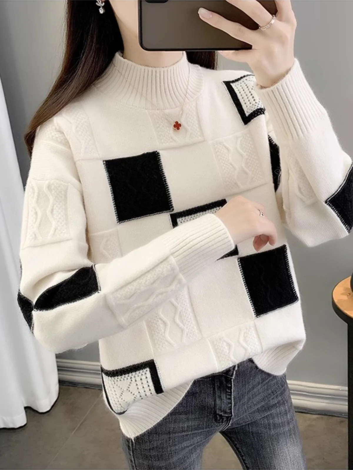 

Thiened Plaid Knit Sweater Women's Autumn Winter f High Collar Outerwear Hooded Base irt Inner Wear Commute Sle Long...