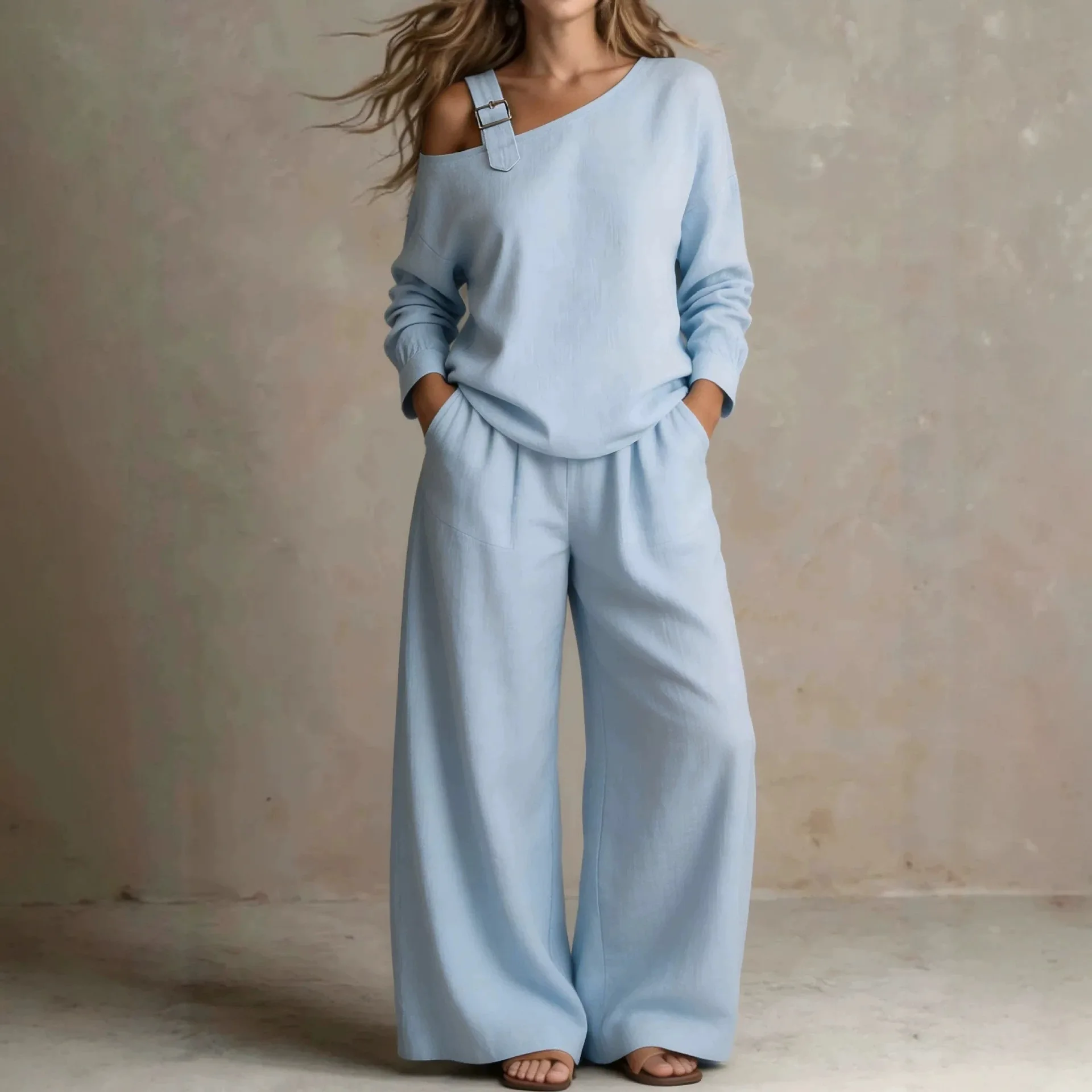 2026 New Autumn/Winter Women's Pants Set With Diagonal Shoulder Solid Color Casual Loose Fashionable Versatile Simple Pants Set