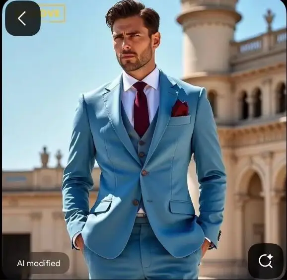 Blue Wedding Men Suits Slim Fit 3 Pcs Formal Groom Tuxedos Italian Fashion Floral Pattern Waistcoat Jacket+vest+Pants