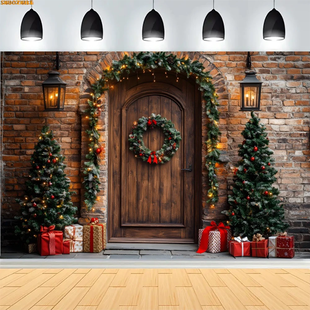 

Christmas Day Wreath Family New Year Party Photography Backdrops Prop Window Living Room Xmas Tree Gift Snow Background TJ-06