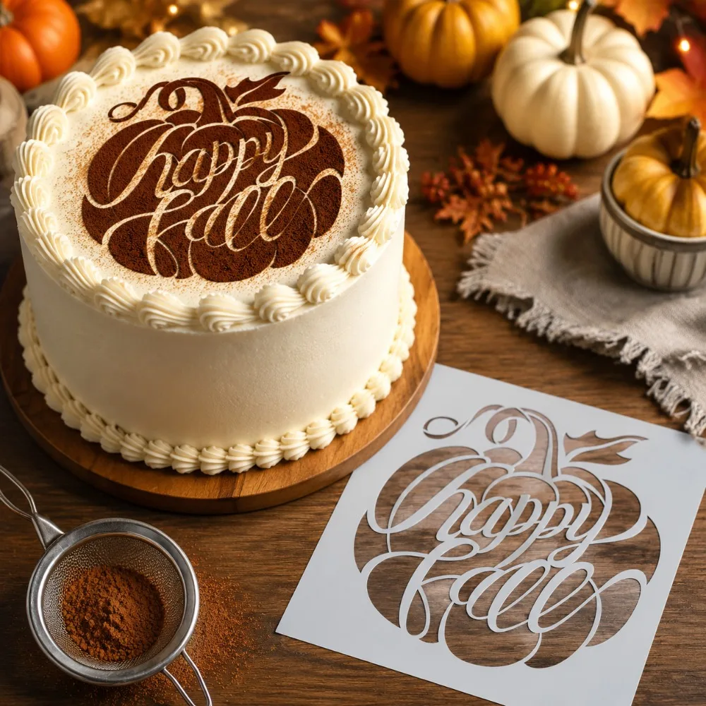 Happy Fall Pumpkin Cake Stencil, Food‑Safe PET Hollow Template, Reusable Decor for Fondant, Cookie & Autumn Party Desserts
