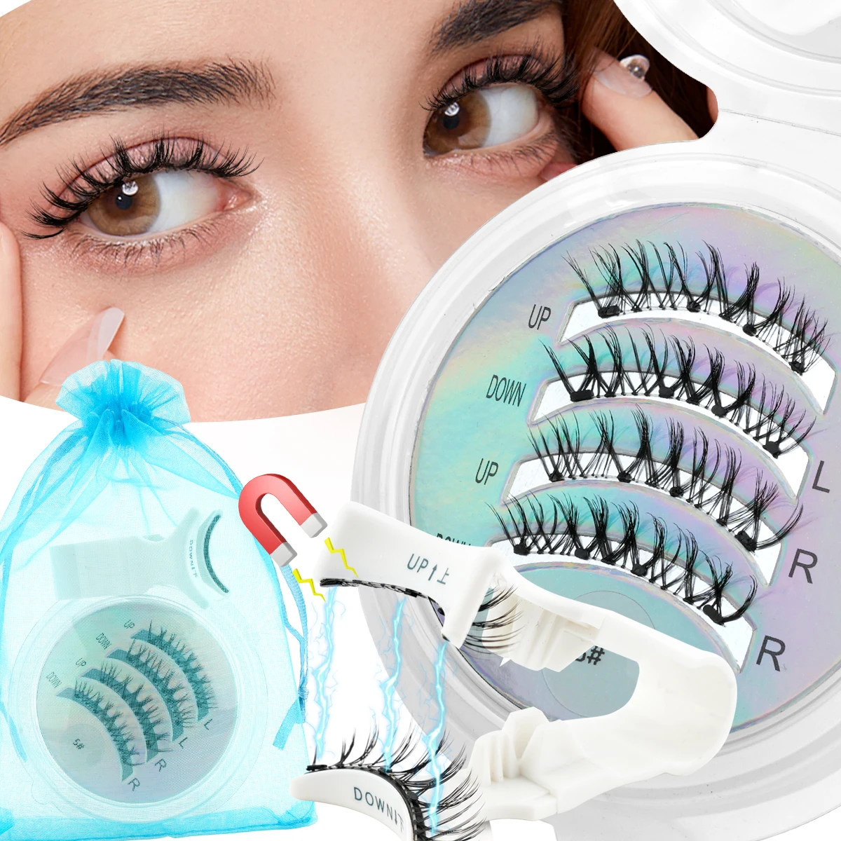 1ペアの磁気つけまつげセット、接着剤不要、磁気つけまつげ、再利用可能、自然なふわふわ3Dミンクまつげ、ピンセット付きメイクアップ