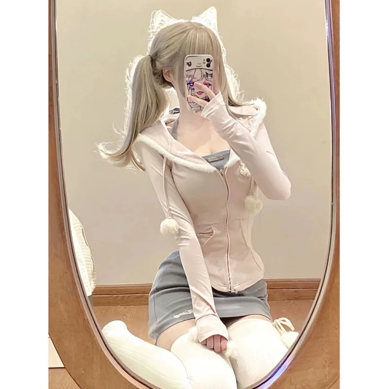 Japanese Style Kawaii 3 Piece Set Hooded Cute Pink Coat + Casual Vest Y2k Mini Skirt Sweet Fashion Suit Woman Chic 2024 Autumn
