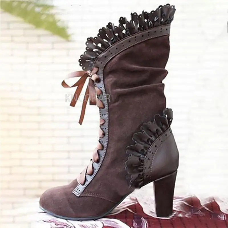 Botki damskie buty na wysokim obcasie kobiet Steampunk kobiety Sexy skórzane buty zamszowe jesień Vintage zimowe buty sznurowane