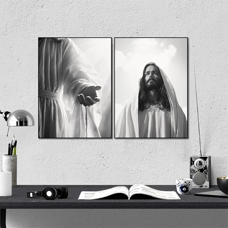 Black and White Jesus Faith Cross on Hill Poster Print Canvas Painting Modern Religious Wall Art HD Picture for Room Home Decor