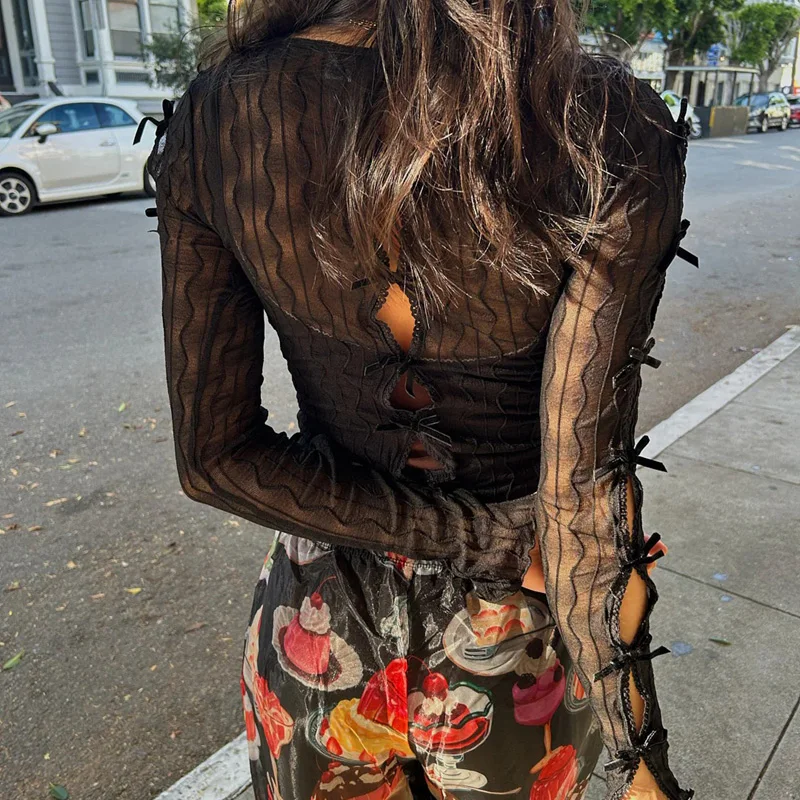 E-girl القوس تقليم قطع المحاصيل القمم الكورية Kawaii سليم صالح تي شيرت Coquette شير انظر من خلال البلوزات تيز سايبر الجرونج الملابس #6