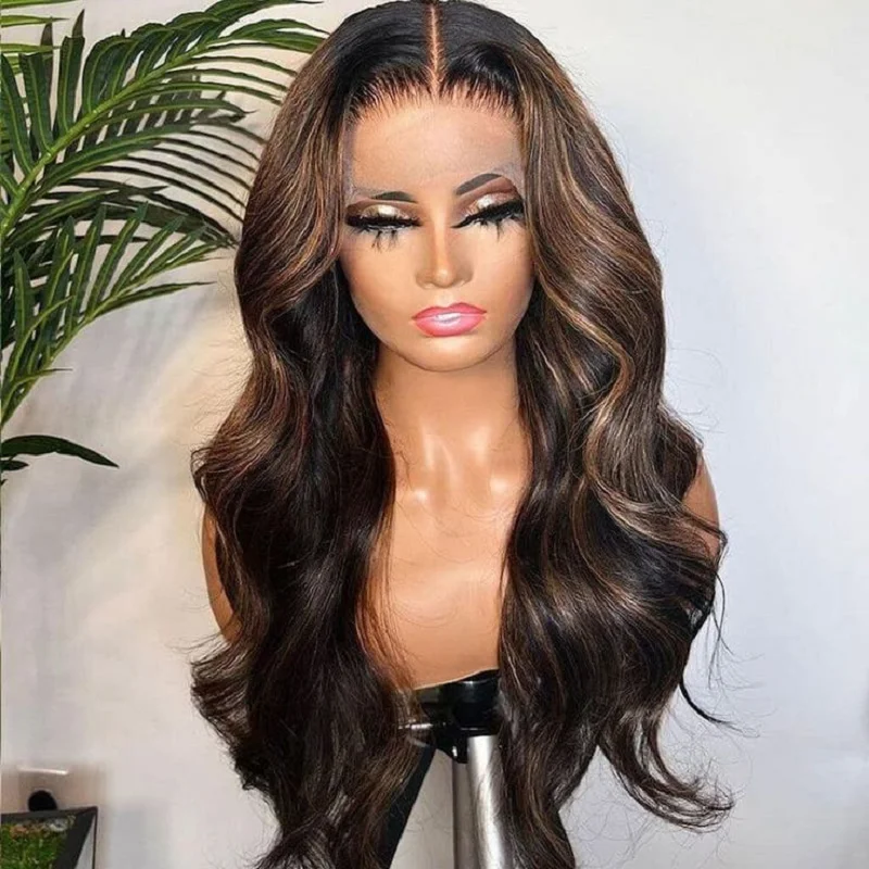 Long 26 inch  Glueless Highlight Brown Body Wave HD Lace Jewish 5x5 Silk Base European Human Hair Wig For Women BabyHair