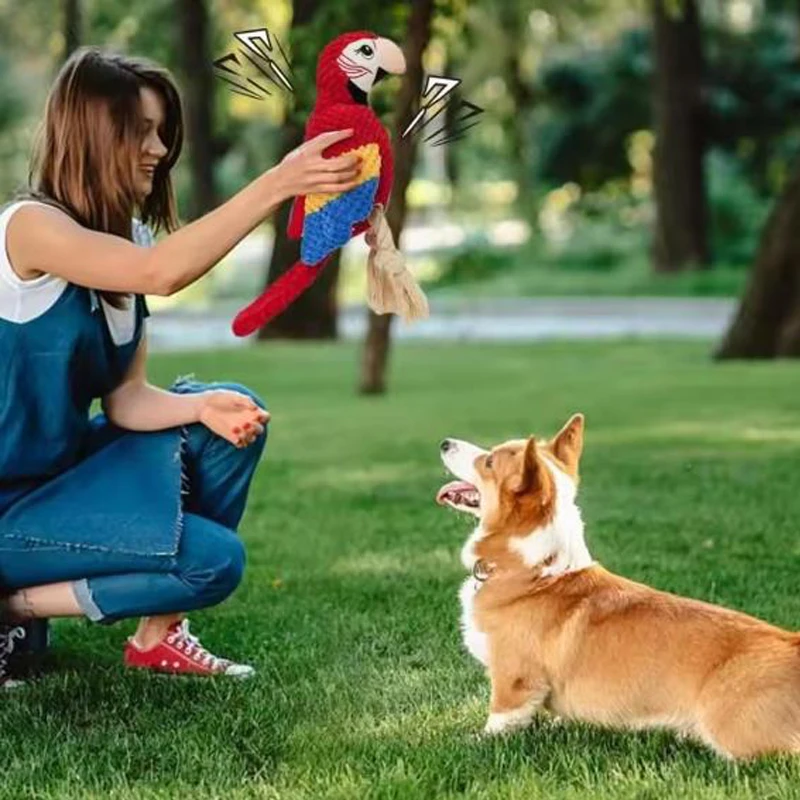 Juguete masticable sonoro con forma de loro para perros