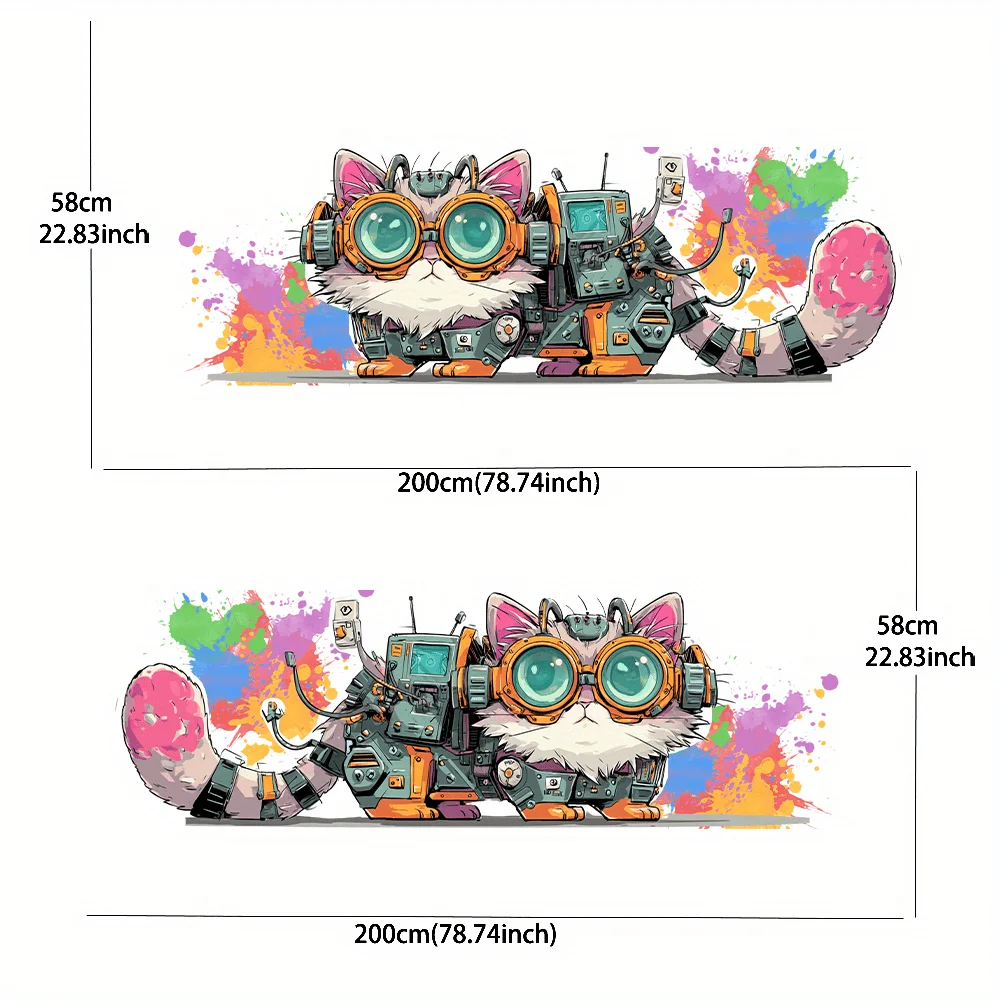 Cartoon Cat with Futuristic Tech Elements Stickers - Car Body Side Decals, Long Stripe PVC Vinyl Decals, Universal Fit for All C