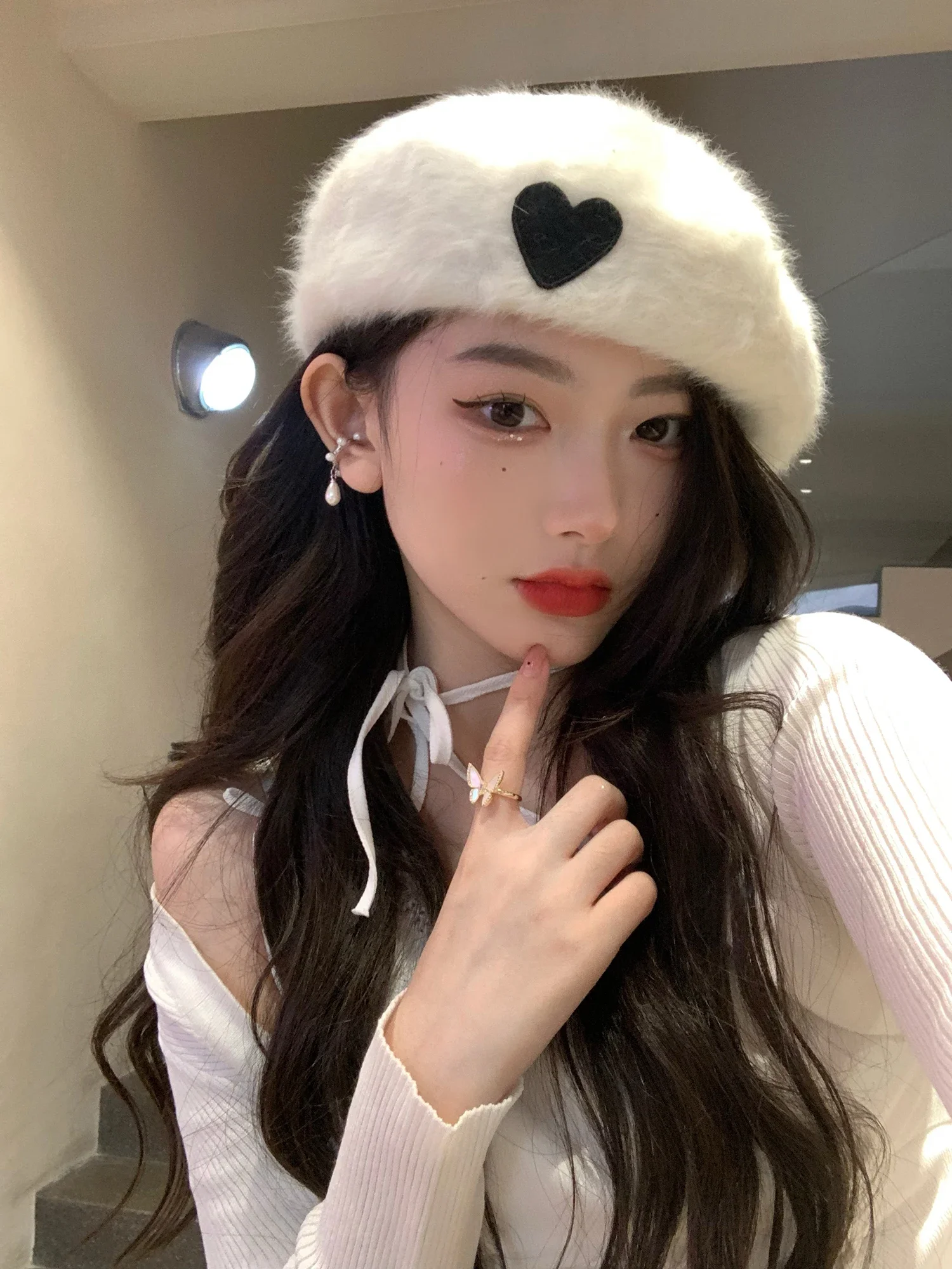 

Autumn Winter Streetwear Harajuku Punk Gothic Hot Girl Casual Rabbit Hair Hat Love Embroidered Beret