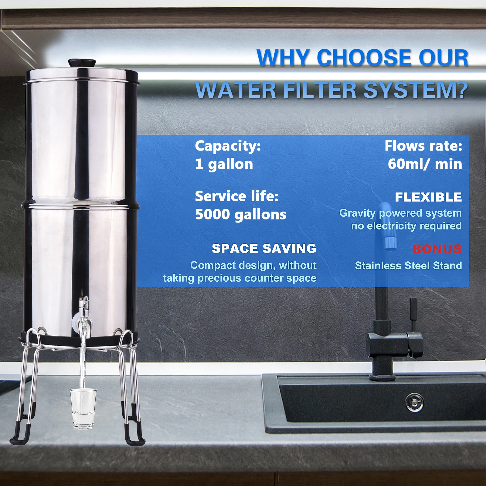 1 جالون نظام تصفية المياه نظام تصفية المياه 1 جالون الفولاذ المقاوم للصدأ كونترتوب نظام مع مرشحات نظام تصفية المياه عدة