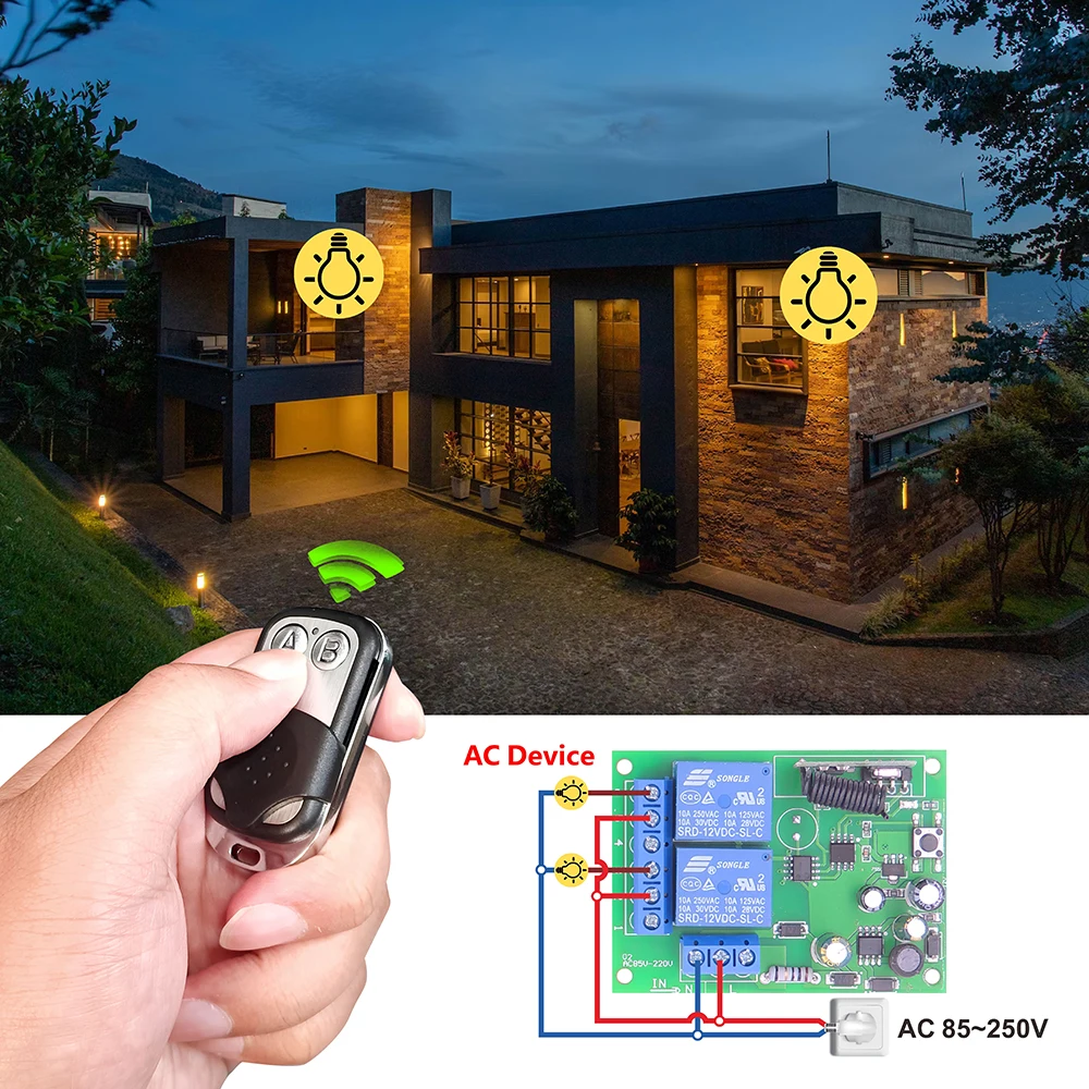 433MHz Universal Wireless Remote Control Switch AC 110V 220V 2CH Relay Receiver and 50m Transmitter for Light/Garage Gate/Crane