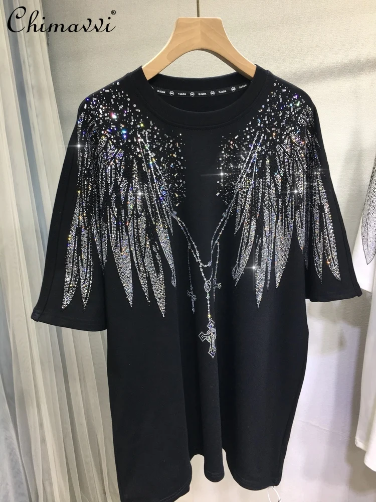 

European Front and Back Rhinestone T-Shirt Women Autumn Winter Fashion Brushed Thickened Wings Round Neck Short Sleeve Loose Top