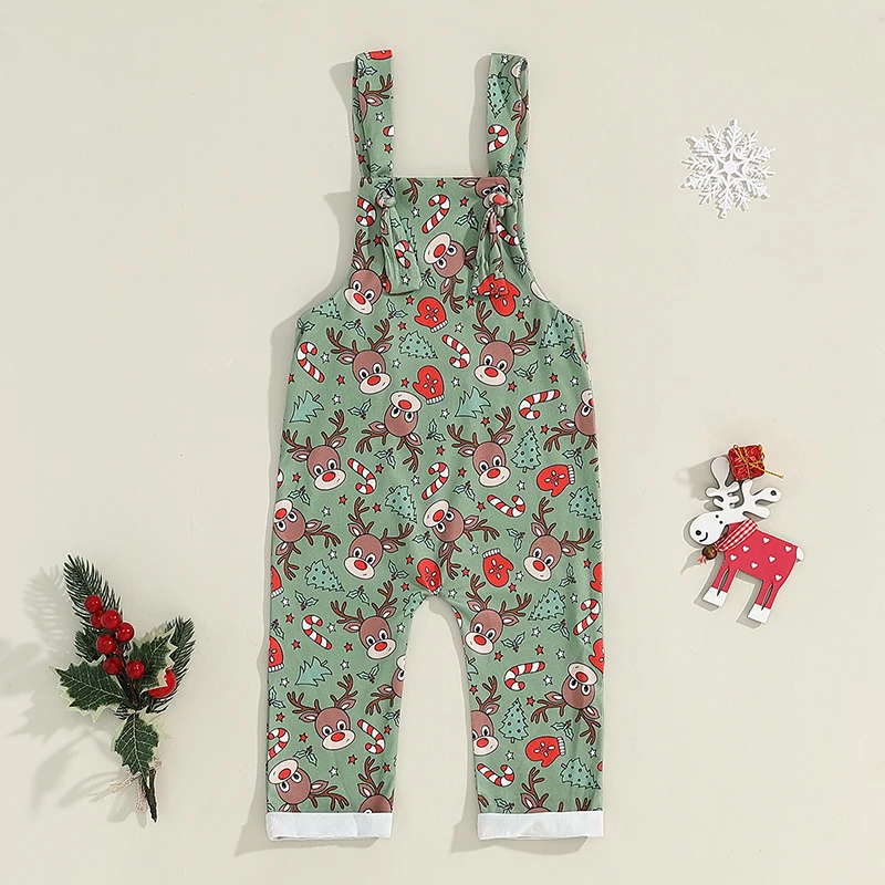 Christmas Toddler Girls Boys Overalls Reindeer Santa Print Sleeveless Straps Romper Jumpsuit