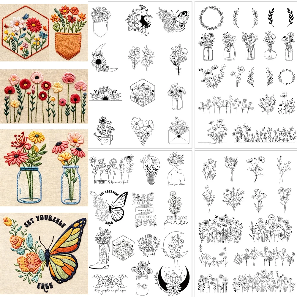 Embroidery Quote - Boho Wildblumen-Mond-Schmetterling Wasserlöslicher Stickstabilisator, Blumenvase Zitat