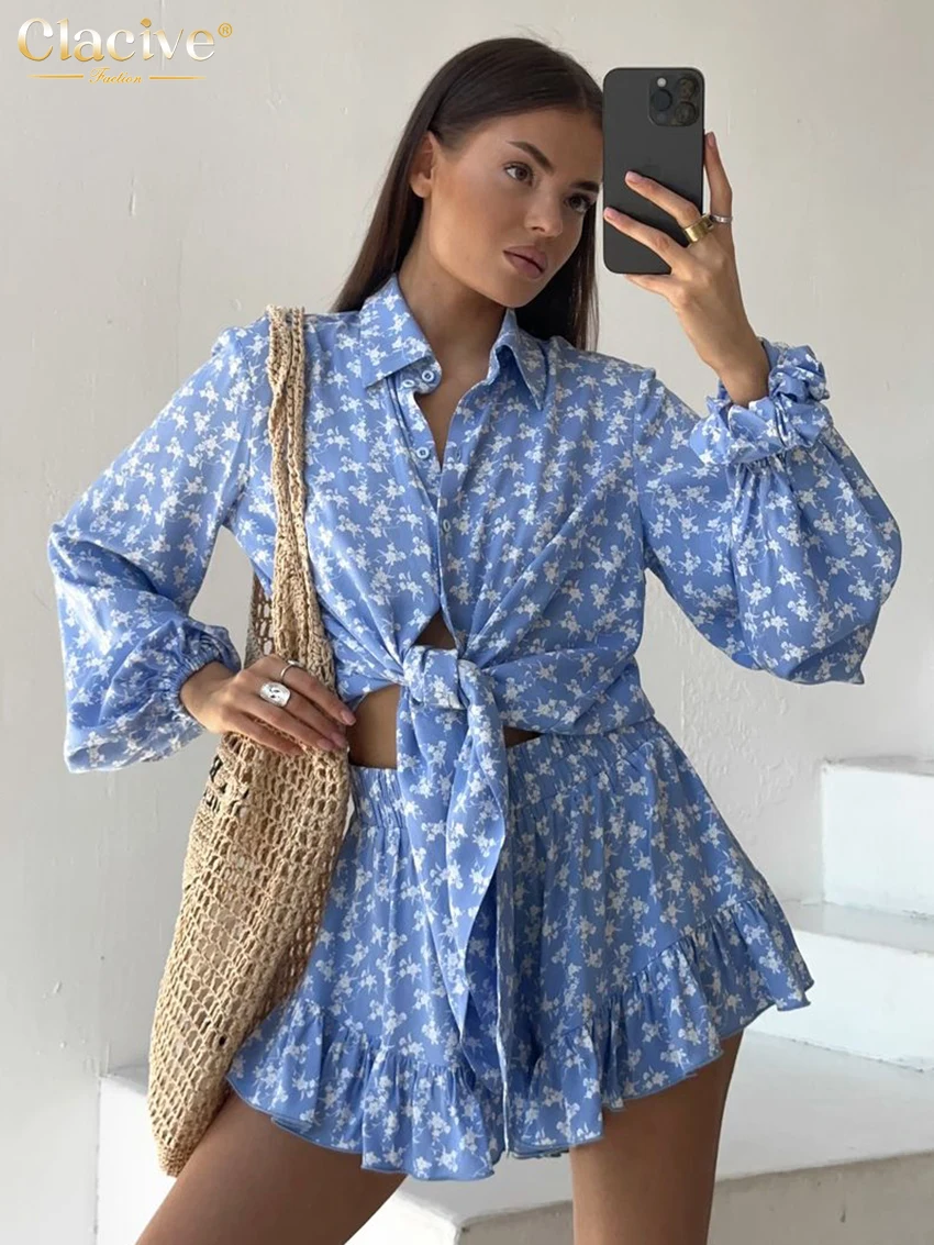 

Clacive Fashion Loose Print Women's Two Pieces Set 2025 Elegant Long Sleeve Shirt With High Waist Mini Pleated Short Set Female