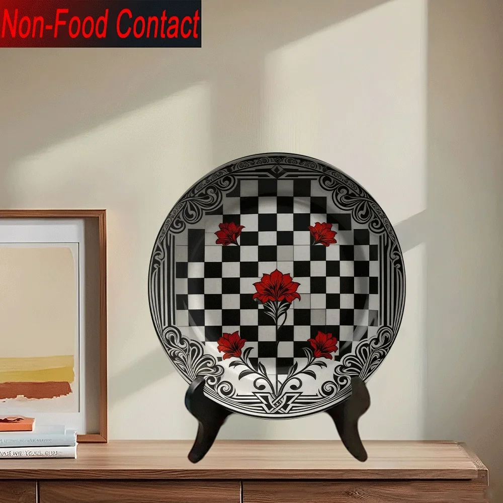 1pc Ceramic Decorative Plate - Black & White Checkered with Red Floral Border, Round Non-Food Contact Dish for Home Table