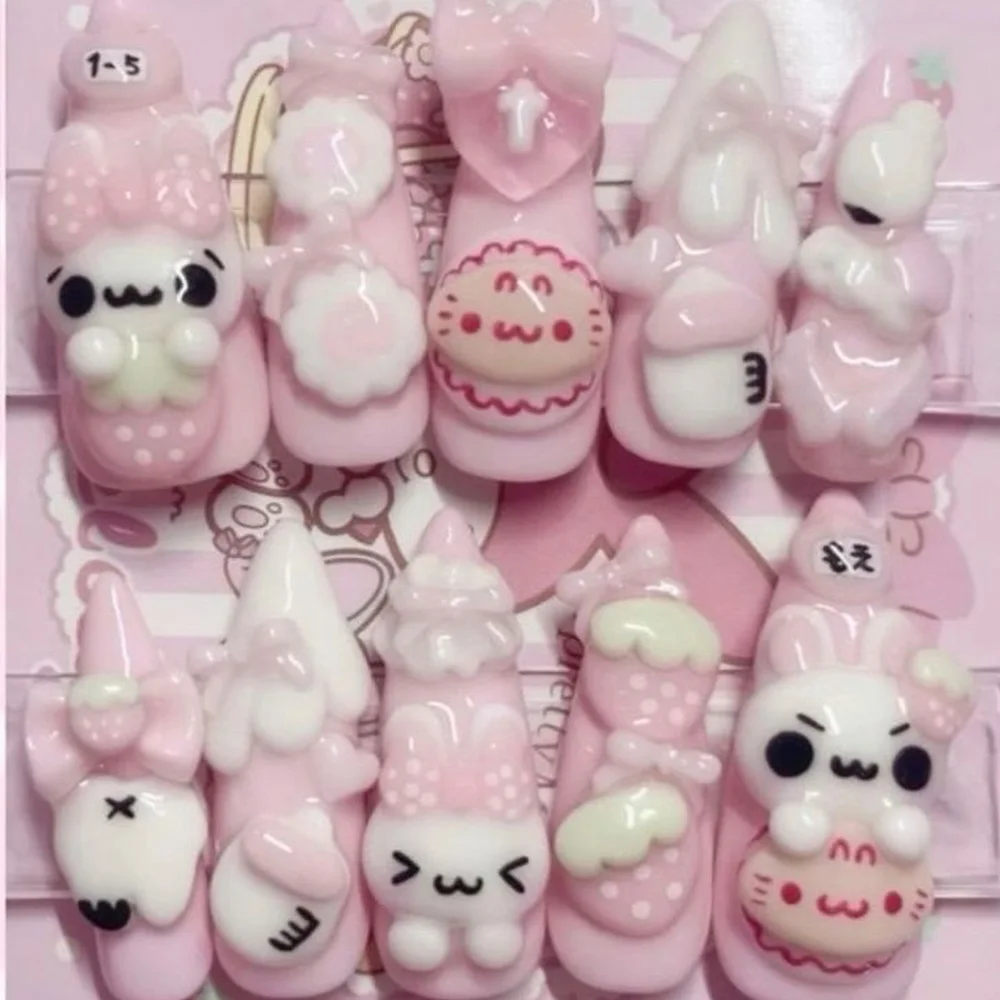 Niedliche Retro Japanische Rilakkuma Rosa Kaninchen Mandel Künstliche Nägel 3D Schleife Stern Katzenpfote Erdbeere Aufklebenägel Handaccessoires – Detail 19