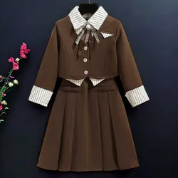 School Uniform Kids Outfits Suits for Girls Brown Sets Children Clothes Blazer & Skirt 2pcs Teenagers Costumes 6 8 9 10 12 Years