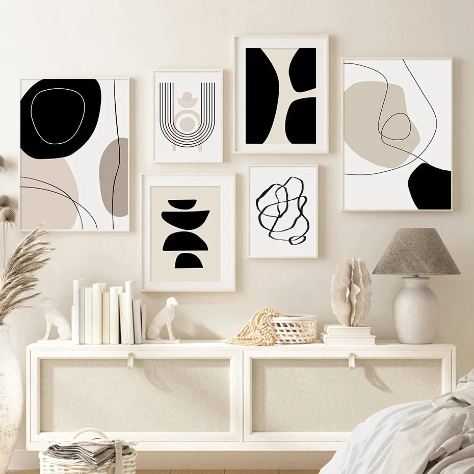 

Boho Abstract Painting Wall Art Set Beige Brown Geometric Leaf Line Posters Canvas Prints Modern Minimalist Decor for Bedroom