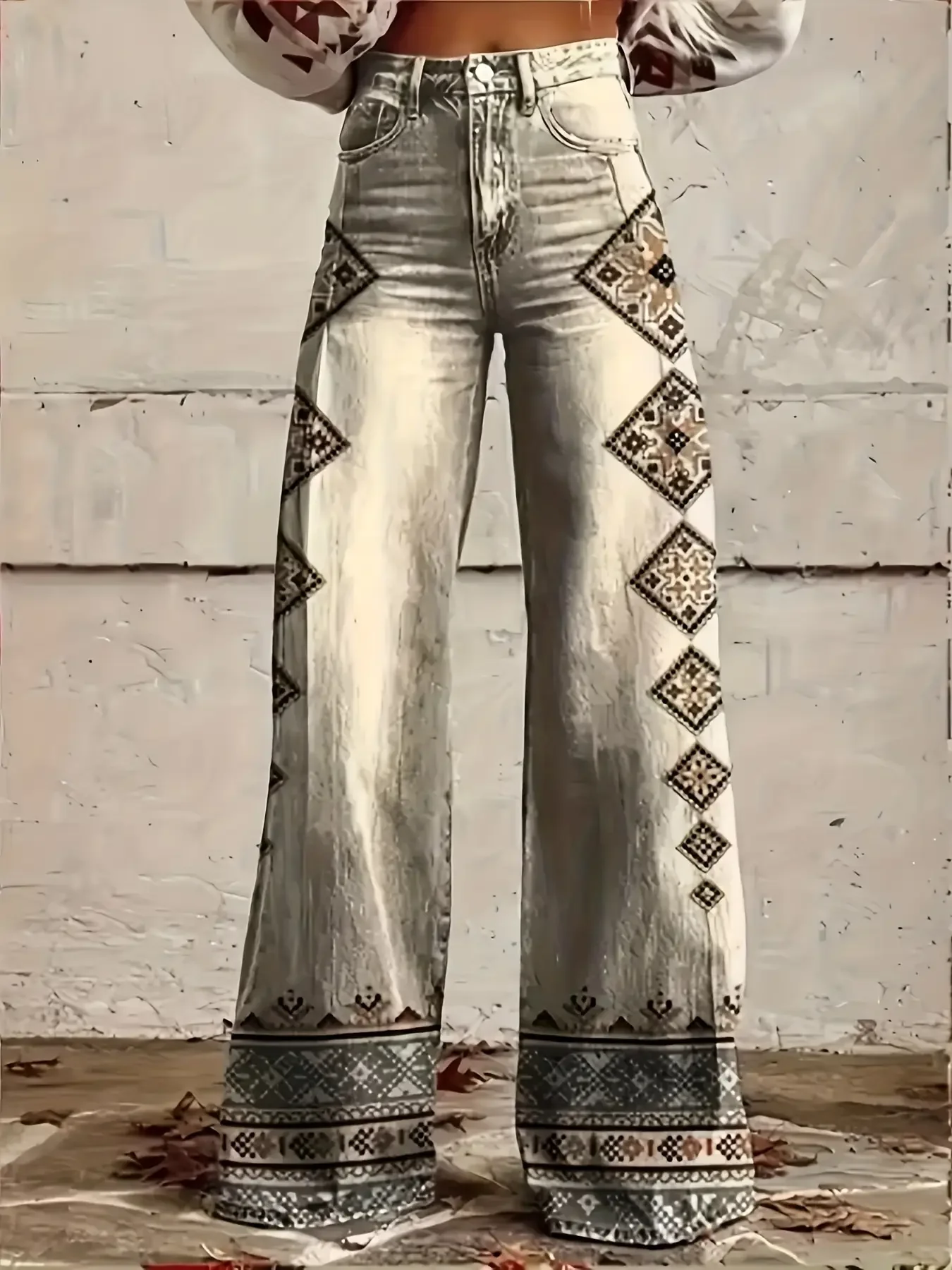Ladies' new Christmas printed jeans made of imitation denim fabric, Slimming pants are suitable for pairing with denim jackets