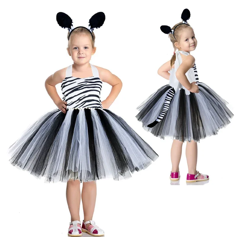 New Children's Zebra Playsuit Mesh Tuffa Skirt Dance Dress Halloween Forest Animal Black and White Panther Cos Performance