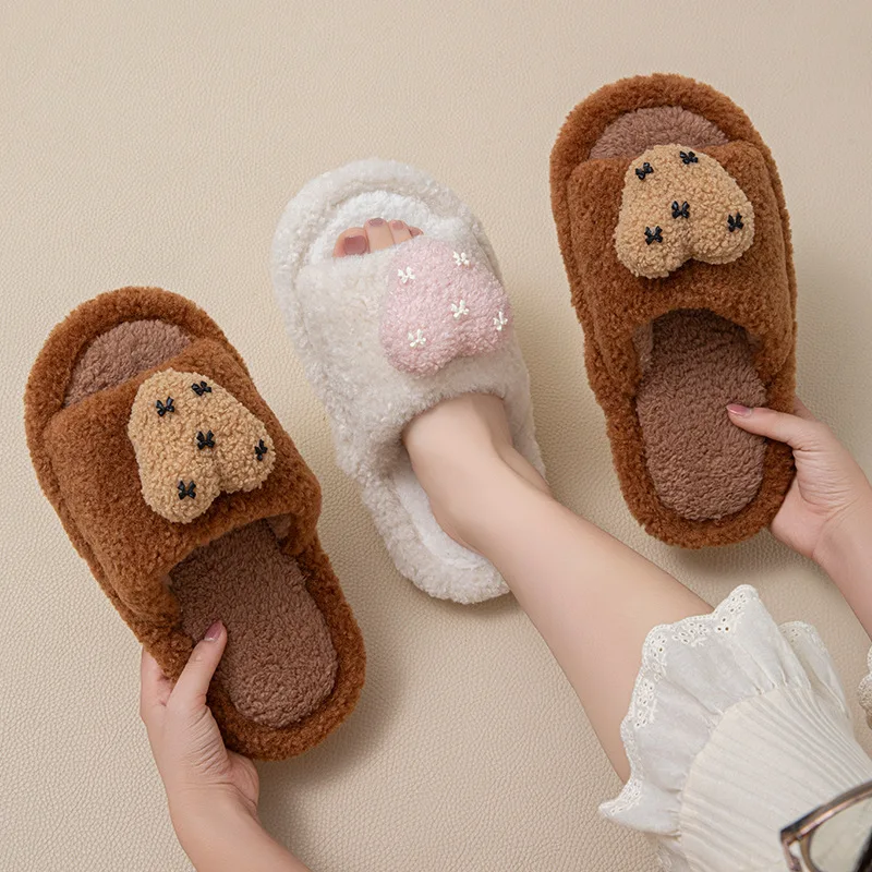 

Home Slippers Women's Winter Heart Open Toe Slippers Indoor Household Contrast Color Girl's Fuzzy Cotton Slippers