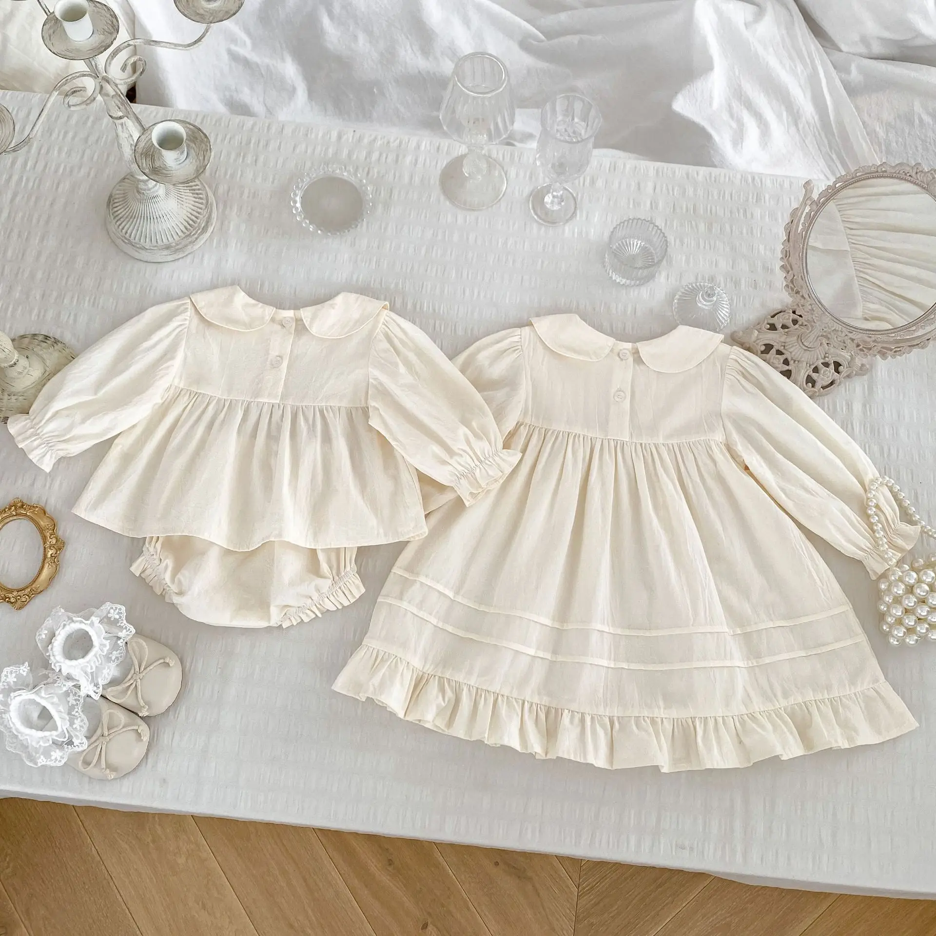 MILANCEL New Autumn Baby Clothes Set Sister Dress Embroidered Turn Down Collar Top + Bloomer 2Pcs Suit Girls Long Sleeve Dress