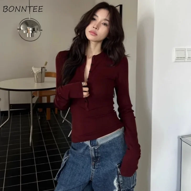 Long Sleeve Shirts Women All-match Daily Korean Fashion Sweet Spicy Girls Slim Fit Inner Spring Autumn Simple Tops Solid Trendy