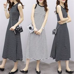 Elegant Women's Dresses White Striped Beach Casual Streetwear Sleeveless Long Dress Korean Dongdaemun 2024 New Summer Clothes